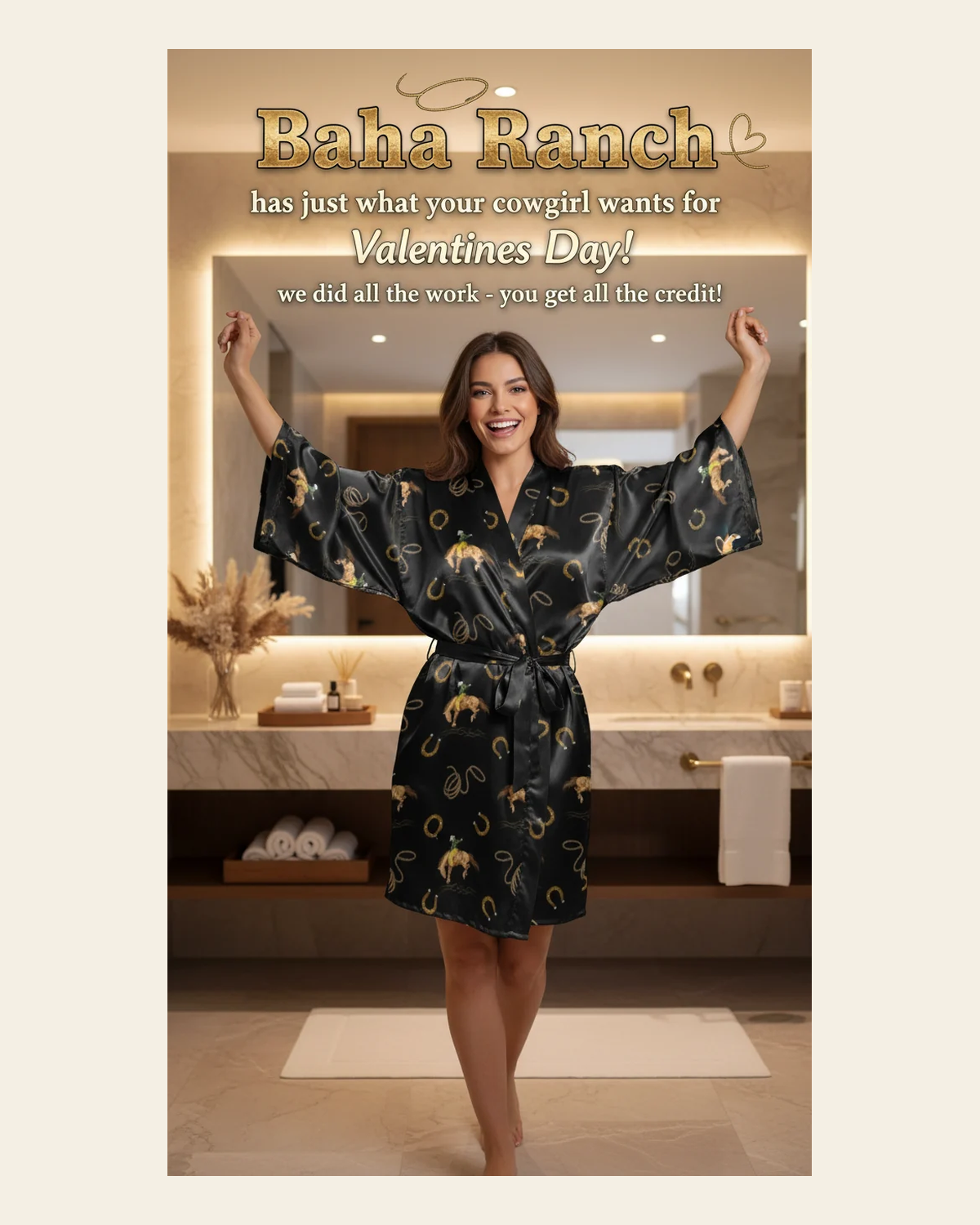Baha Ranch Rodeo Cowboy Satin Kimono Sleeve Robe on a warm cream background