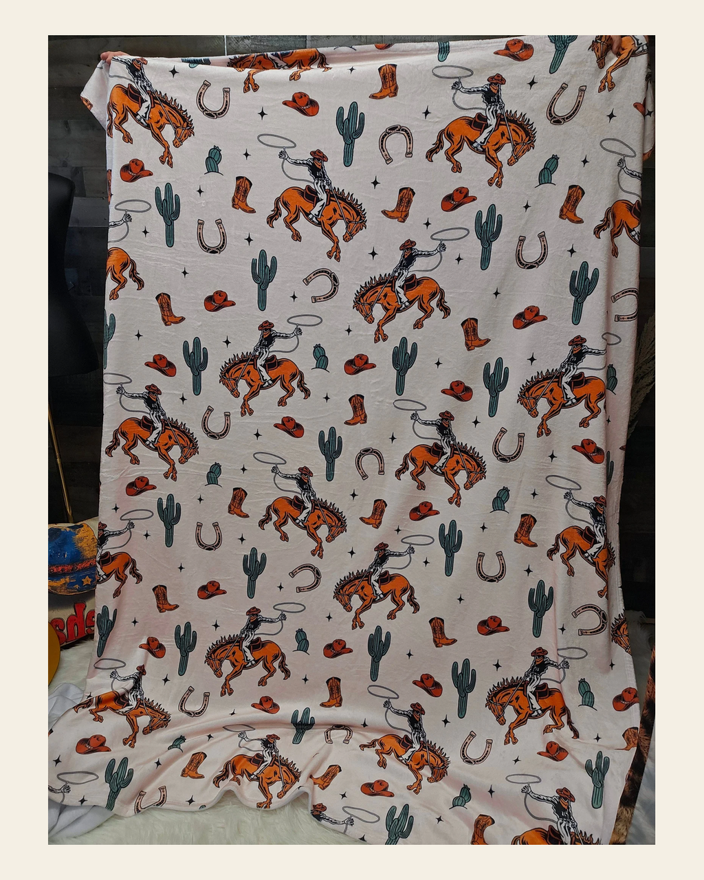 Baha Ranch Rodeo Cowboy Throw Blanket Ultra-Soft Micro Fleece Blanket 60" x 80" Made in America on a warm cream background