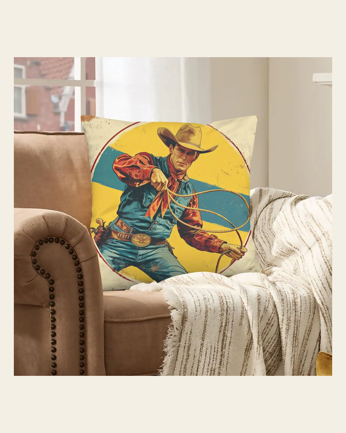 Baha Ranch Rodeo Cowboy Velvety Soft Pillow Case Made in America on a warm cream background