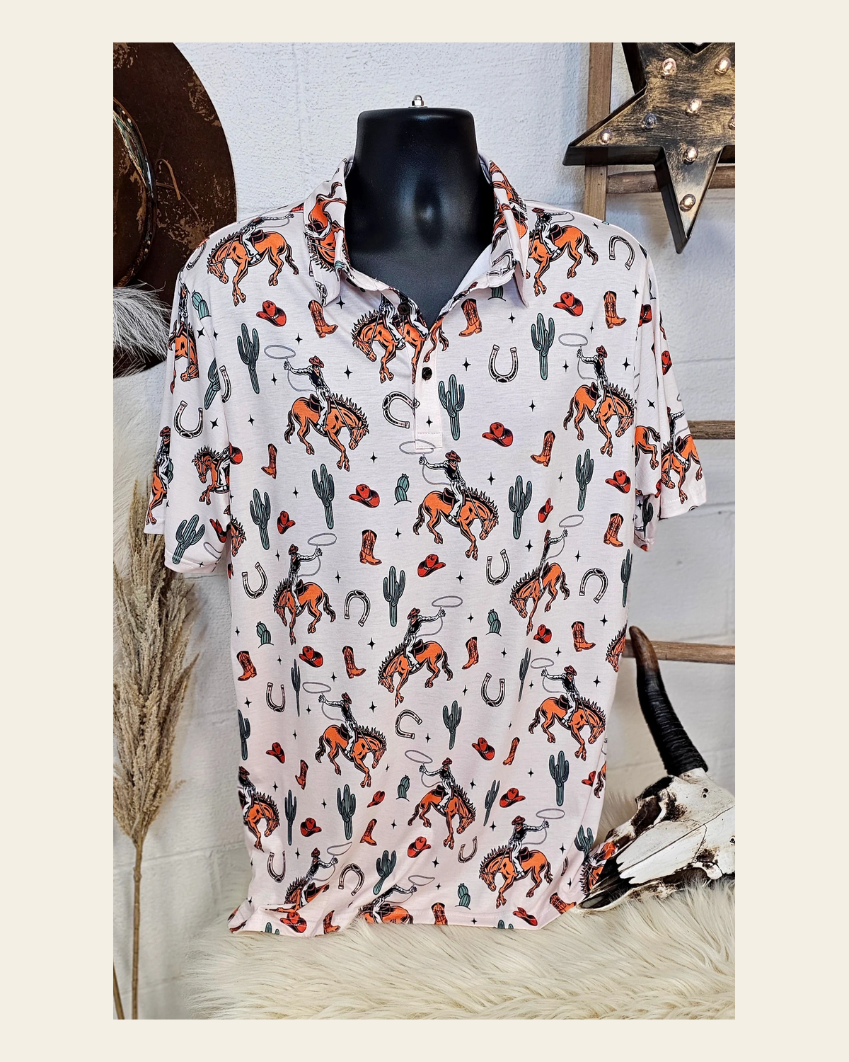 Baha Ranch Rodeo Cowboy Western Polo Style Shirt on a warm cream background