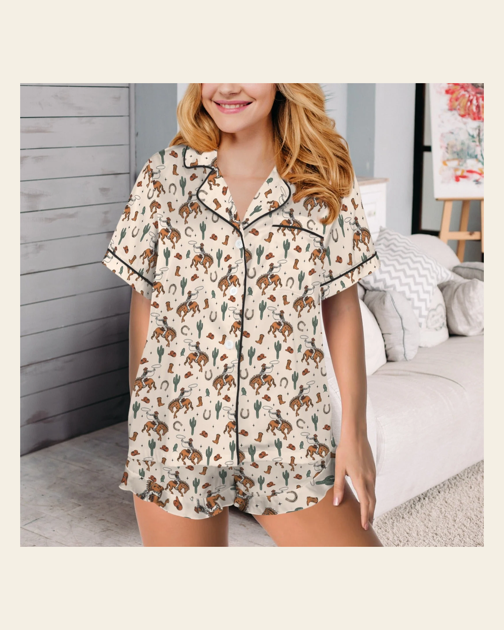 Baha Ranch Rodeo Cowboy Western Satin Ruffle Pajama Set on a warm cream background