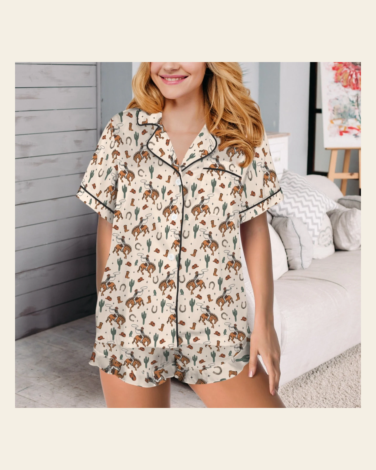 Baha Ranch Rodeo Cowboy Western Satin Ruffle Pajama Set on a warm cream background