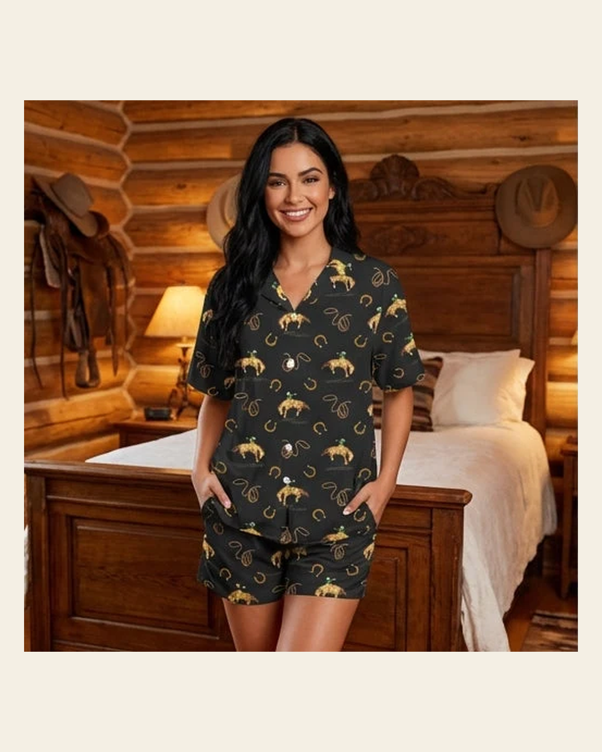 Baha Ranch Rodeo Cowboy Women's Western Short Pajama Set Made in America on a warm cream background