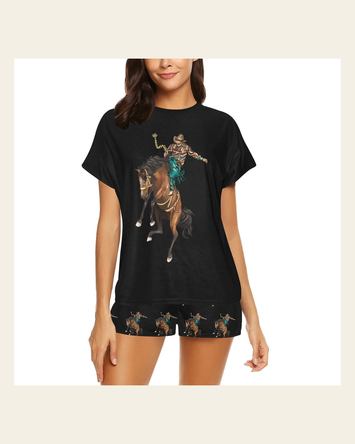 Baha Ranch Rodeo Cowboy Womens Western Top and Short Pajama Set on a warm cream background