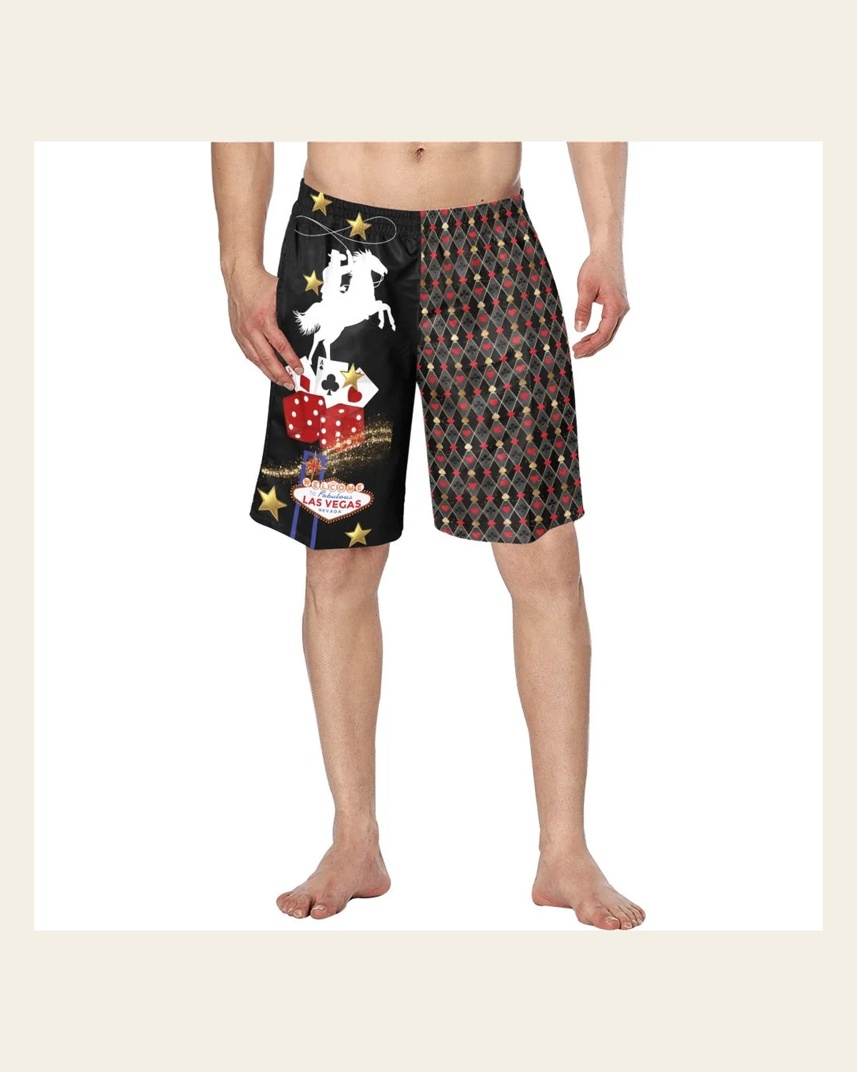 Baha Ranch Rodeo Vegas Men's Western Swim Trunks Shorts on a warm cream background