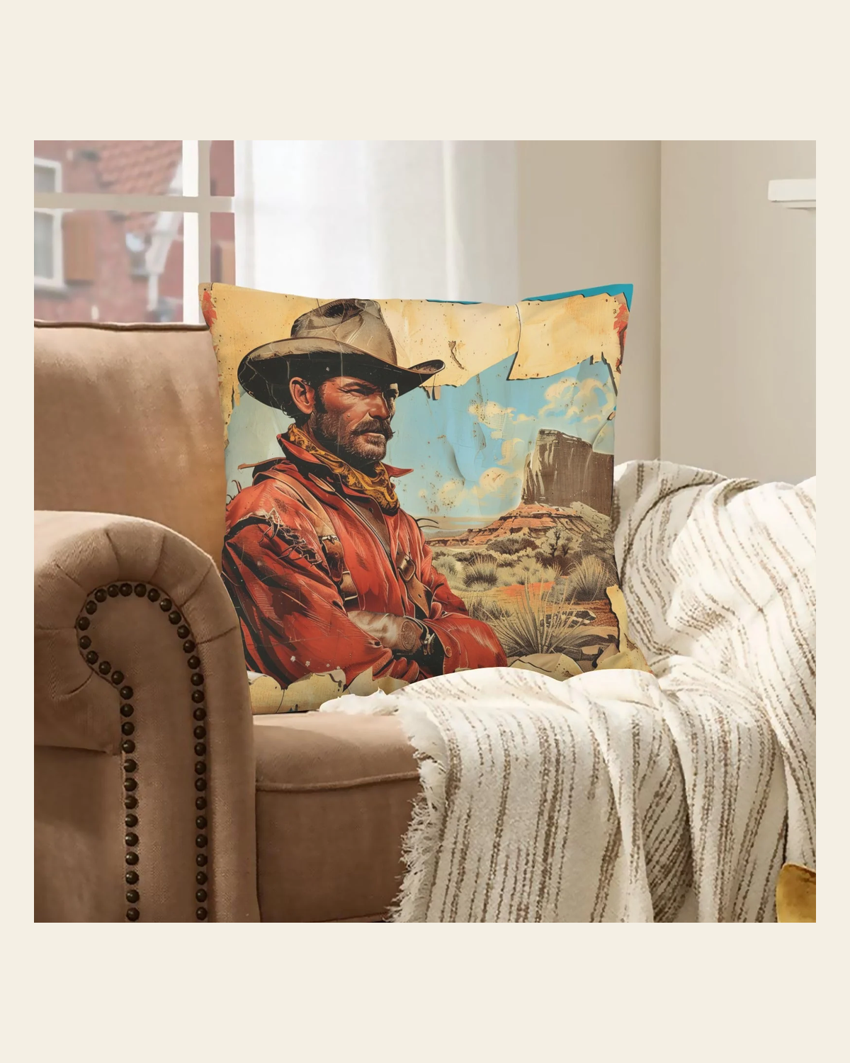 Baha Ranch Rugged Cowboy Velvety Soft Pillow Case Made in America on a warm cream background