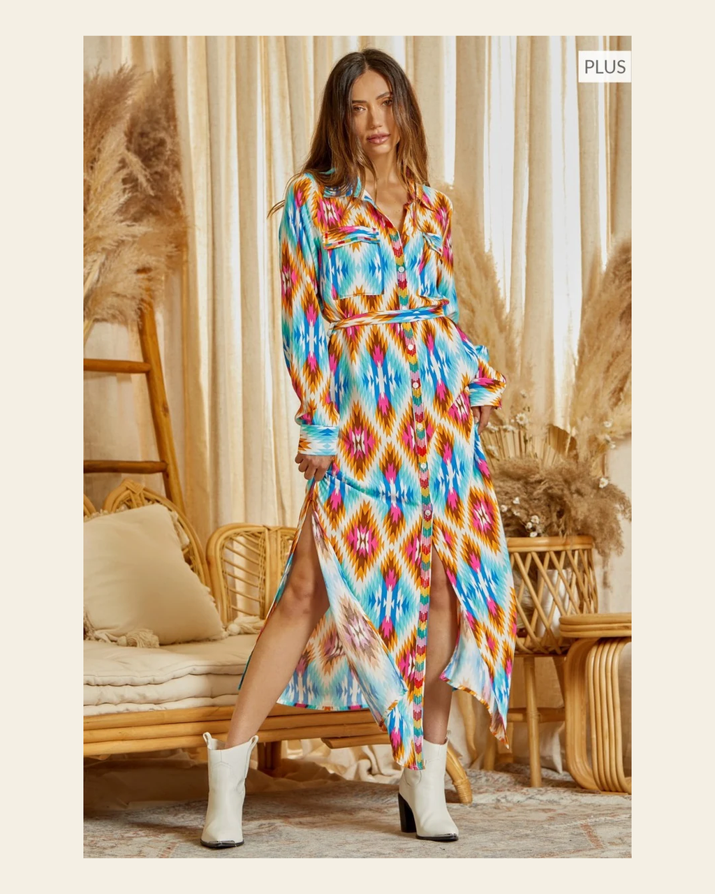 Baha Ranch Ruidoso Aztec Button Down Dress Duster Plus Size on a warm cream background