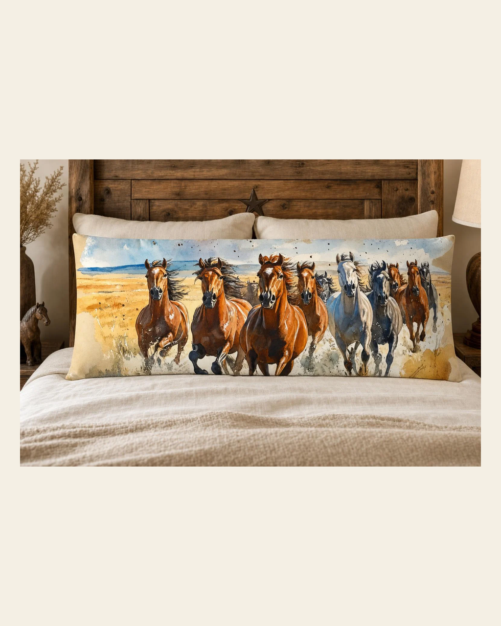 Baha Ranch Running Horses Western Body Pillow Cover Made in America on a warm cream background