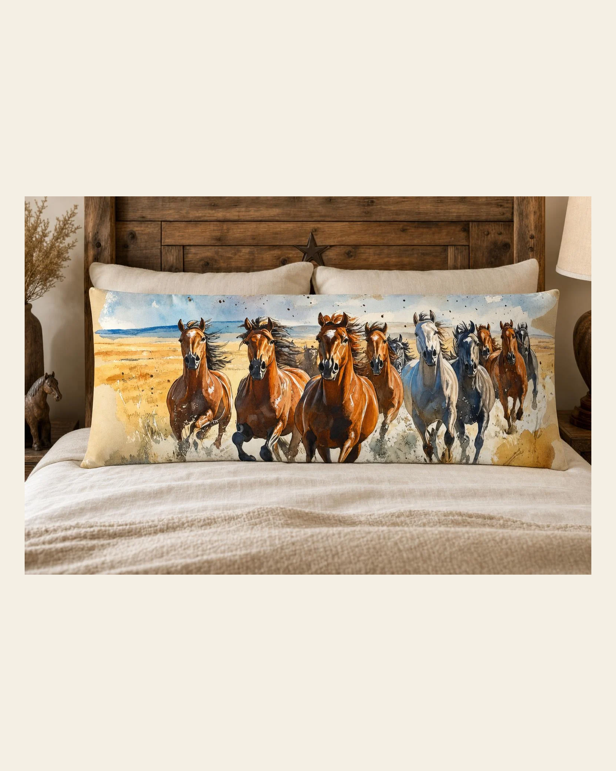Baha Ranch Running Horses Western Body Pillow Cover Made in America on a warm cream background