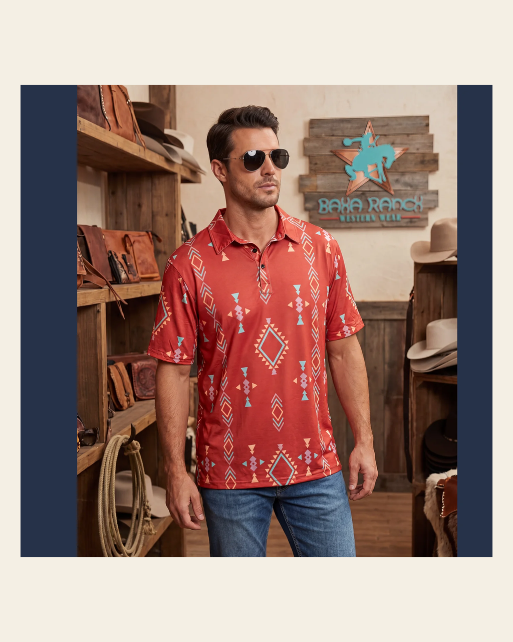 Baha Ranch Rust Brown Aztec men's Western Polo Shirt on a warm cream background