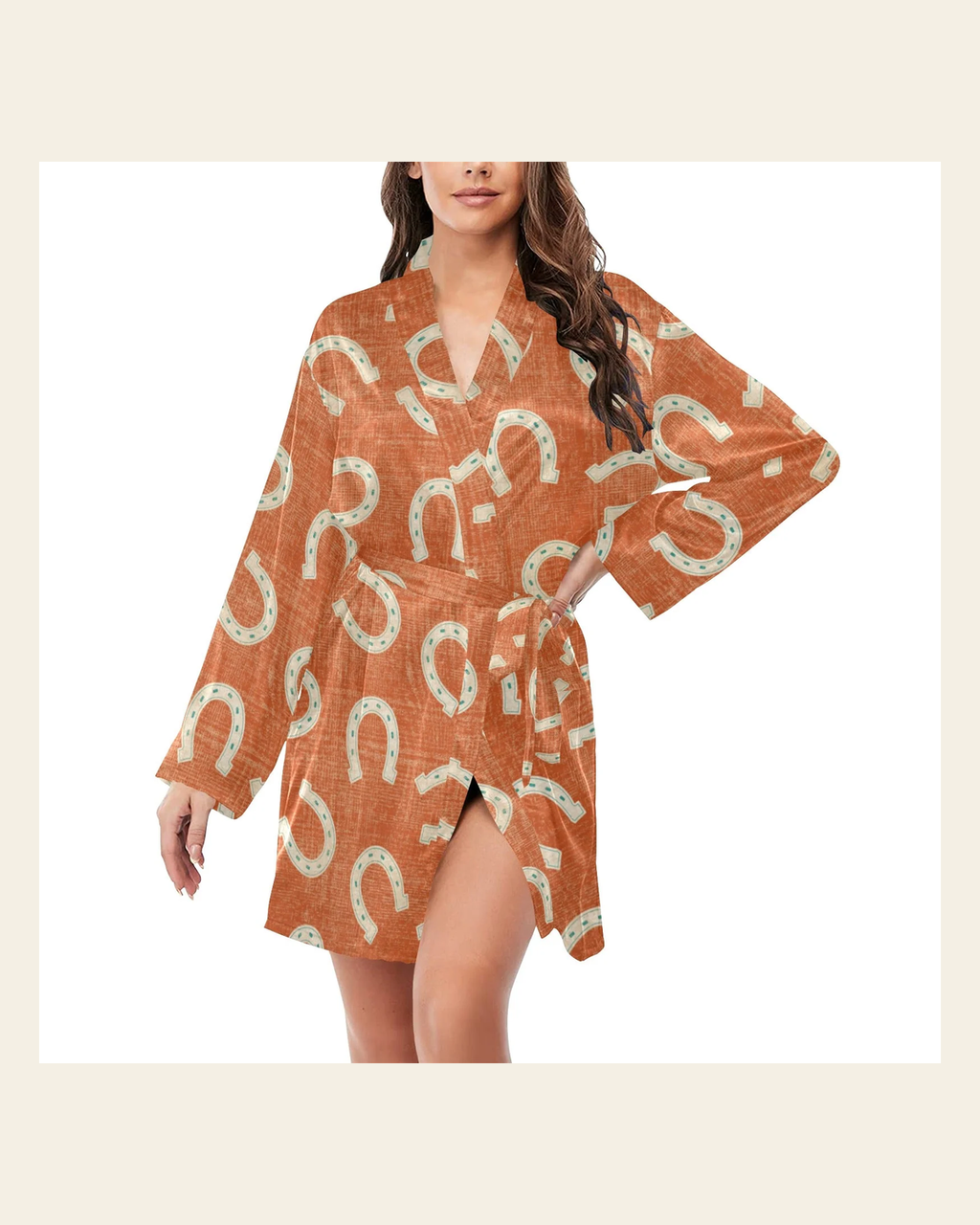 Baha Ranch Rust Orange Women's Belted Satin Feel Dressing Lounge Robe on a warm cream background