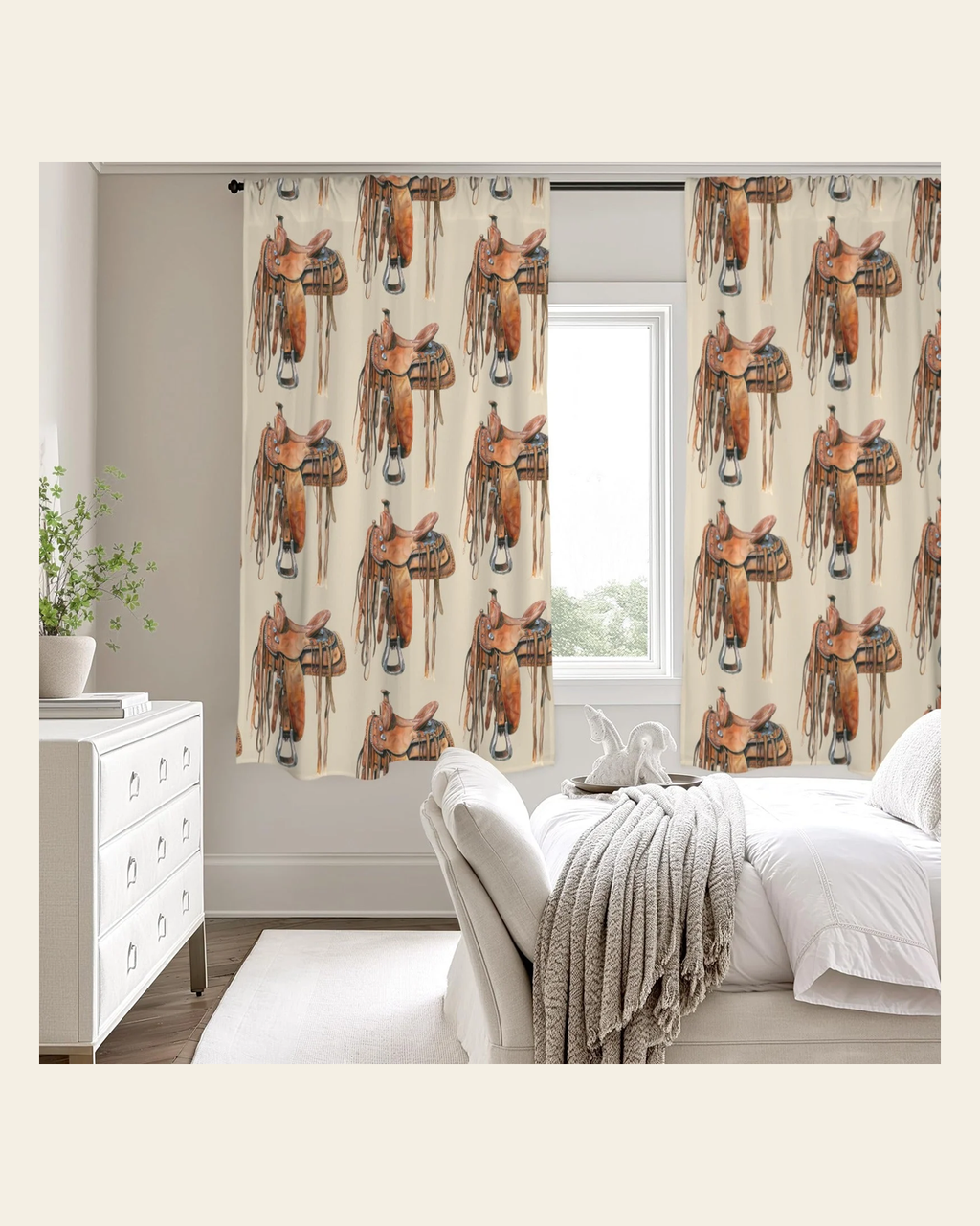 Baha Ranch Saddle Print Window Curtain Drapes 52"x63" Made in America on a warm cream background