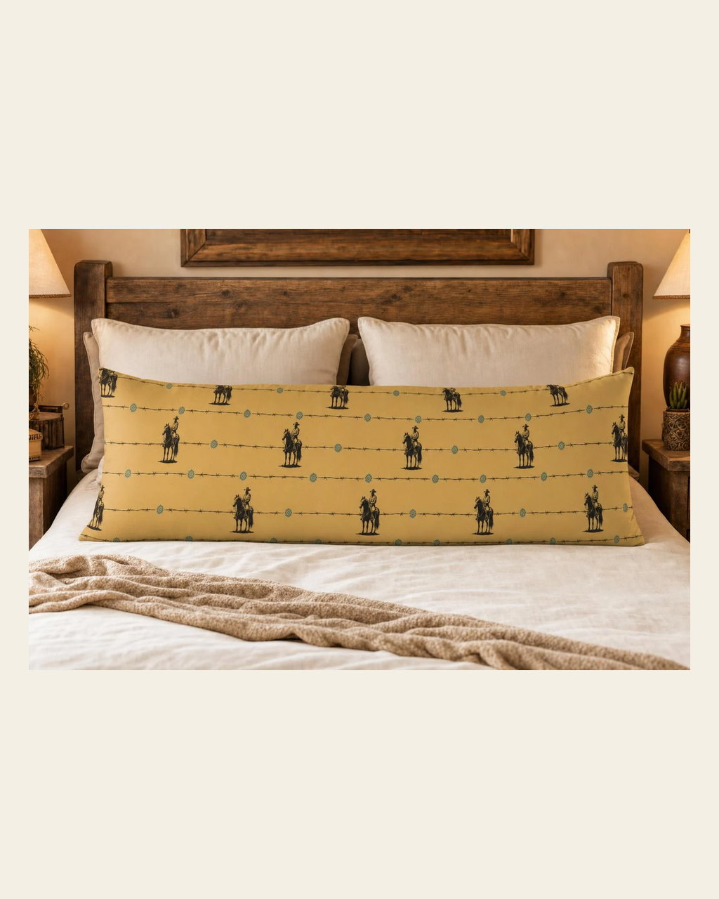 Baha Ranch Saddle Up Body Pillow Cover Made in America on a warm cream background