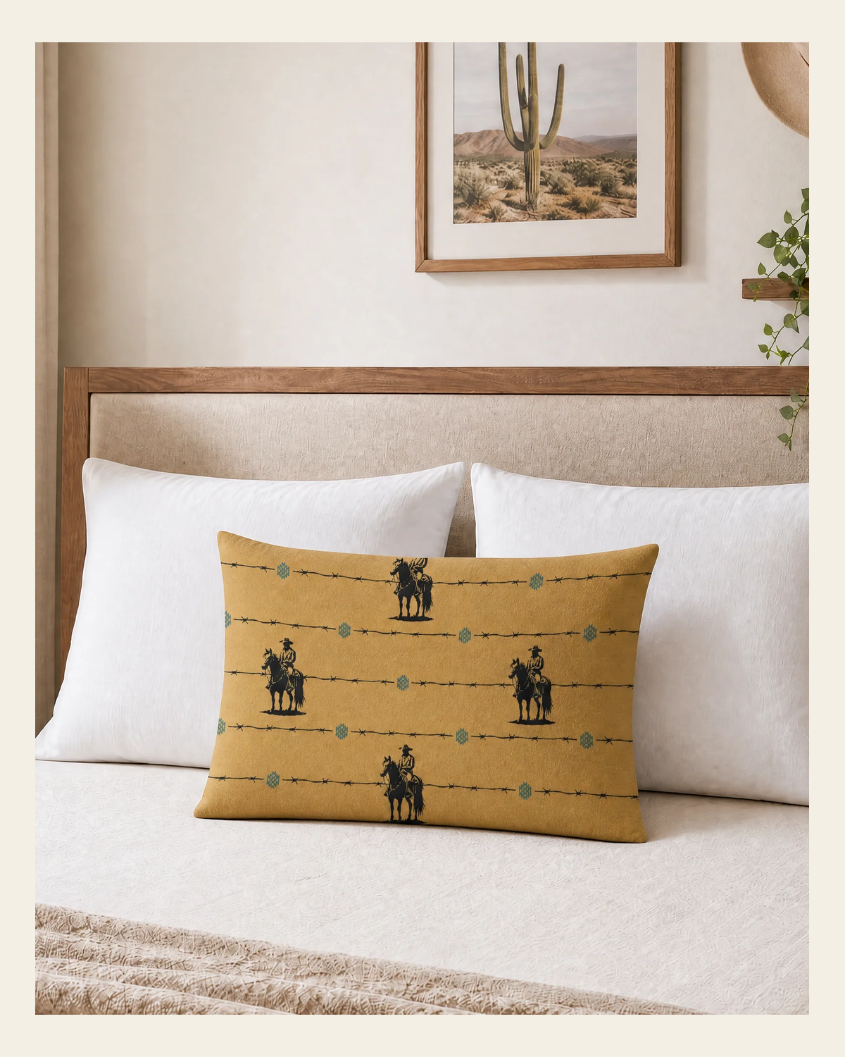 Baha Ranch Saddle Up Pillow Case Caramel Made in America on a warm cream background