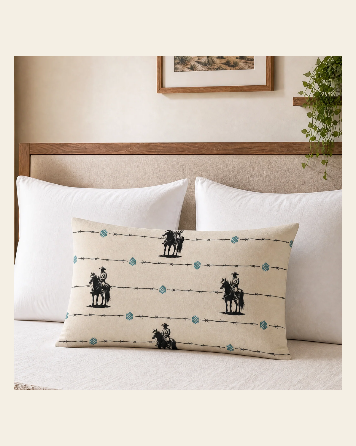 Baha Ranch Saddle Up Pillow Case Tan Made in America Made in America on a warm cream background