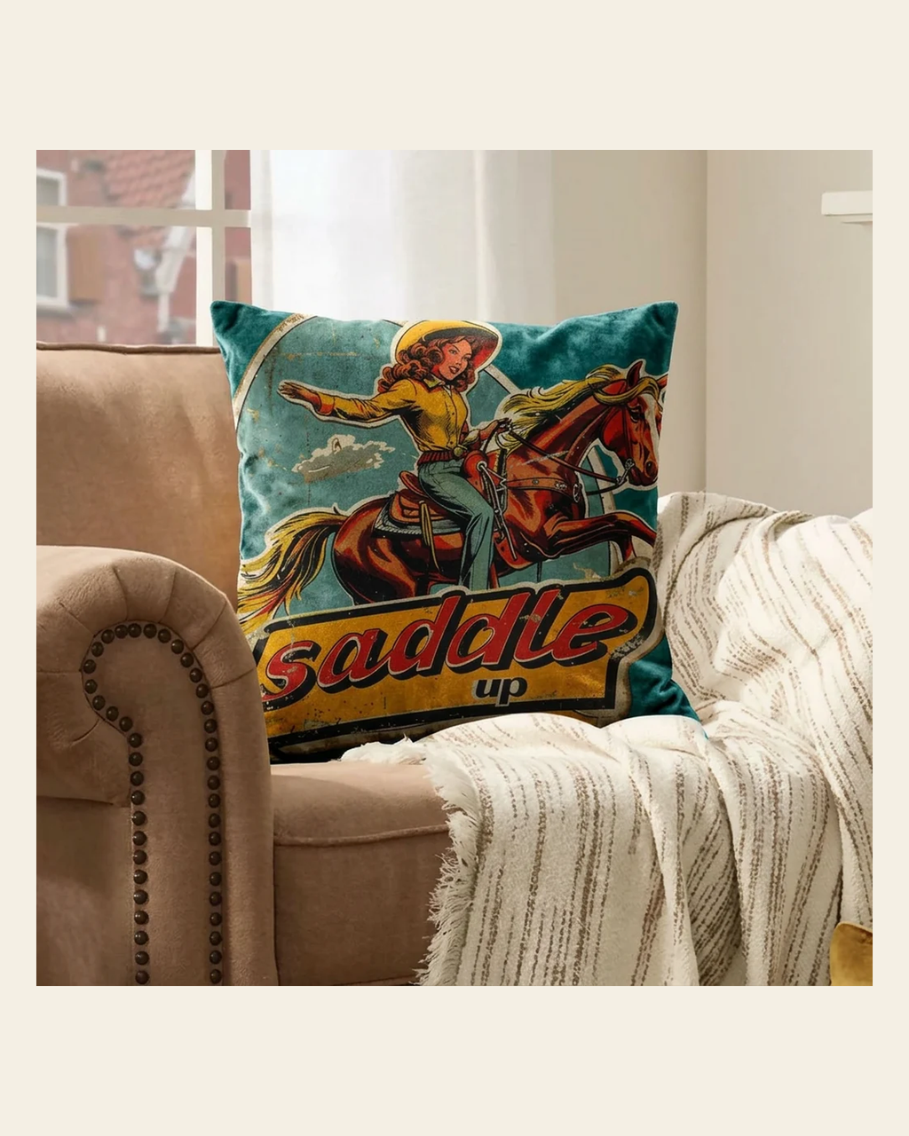 Baha Ranch Saddle Up Velvety Soft Pillow Case Made in America on a warm cream background