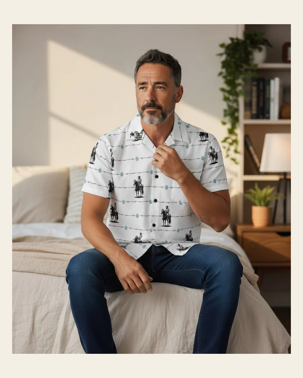 Baha Ranch Saddle Up Western Hawaiian Shirt Made in America on a warm cream background