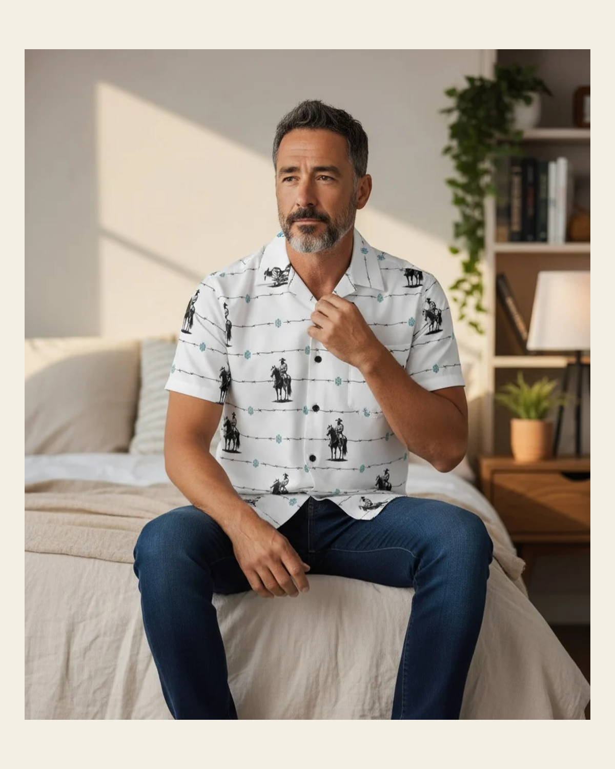 Baha Ranch Saddle Up Western Hawaiian Shirt Made in America on a warm cream background