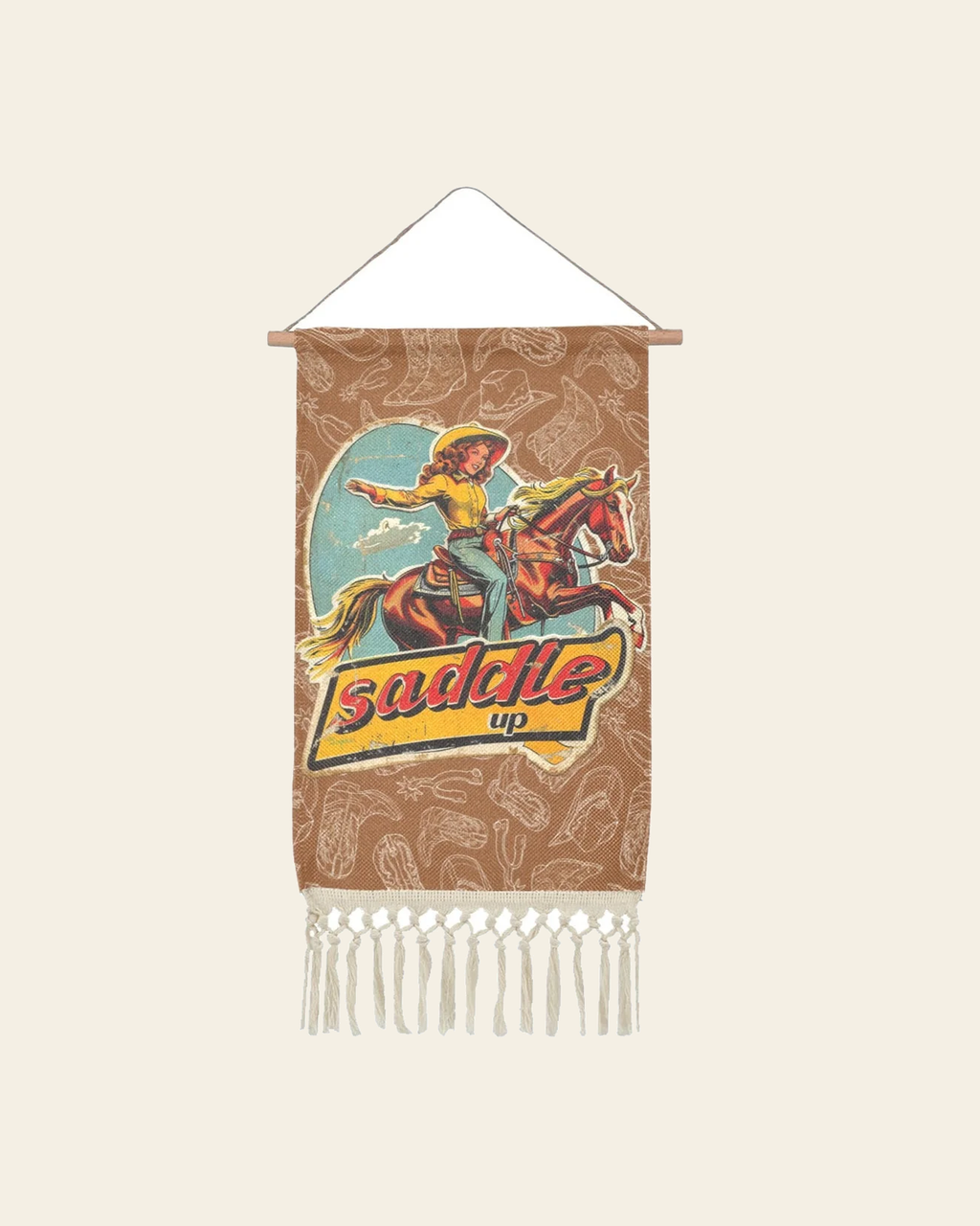 Baha Ranch Saddle Up Western Wall Decor Linen Hanging Poster with Fringe Made in America on a warm cream background