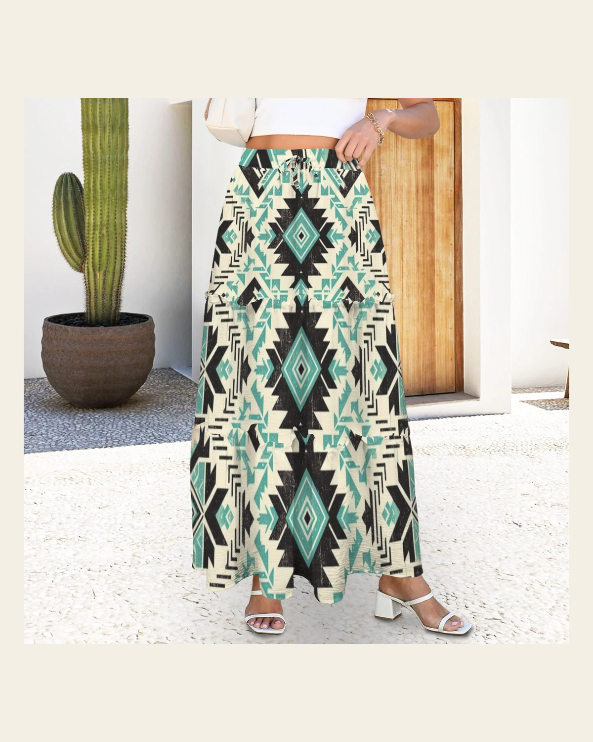Baha Ranch San Angelo Aztec Tiered Prairie Maxi Skirt on a warm cream background