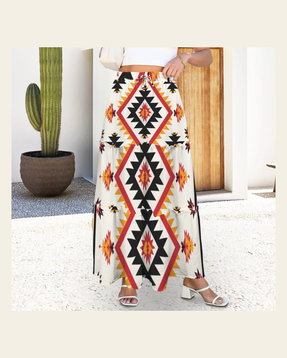 Baha Ranch San Antonio Aztec Tiered Prairie Maxi Skirt on a warm cream background