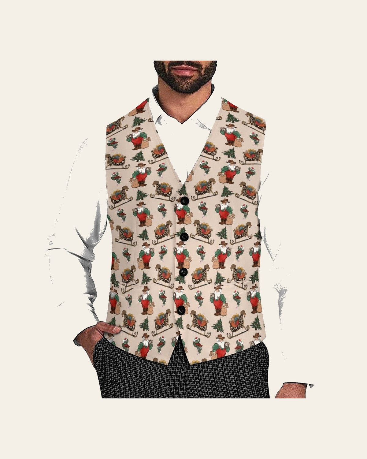 Baha Ranch Santa's Sleigh Men's Western Vest on a warm cream background