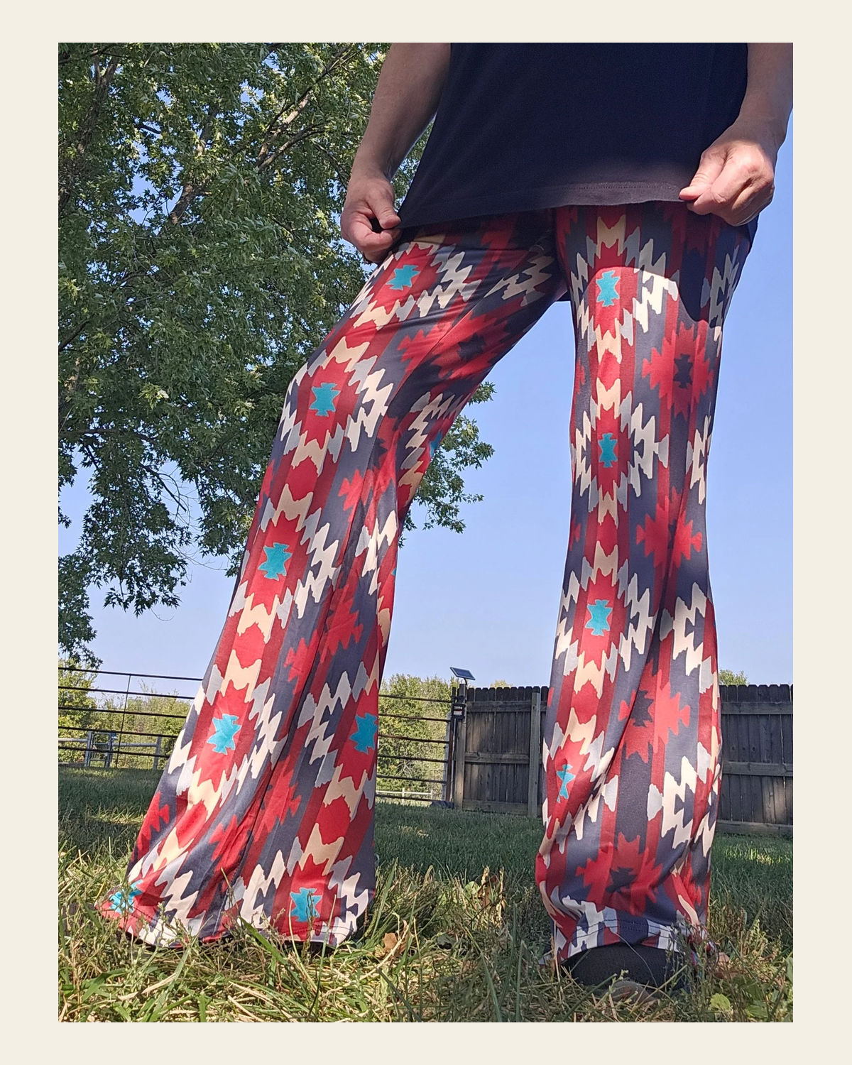 Baha Ranch Sedona Aztec Flare Pants on a warm cream background