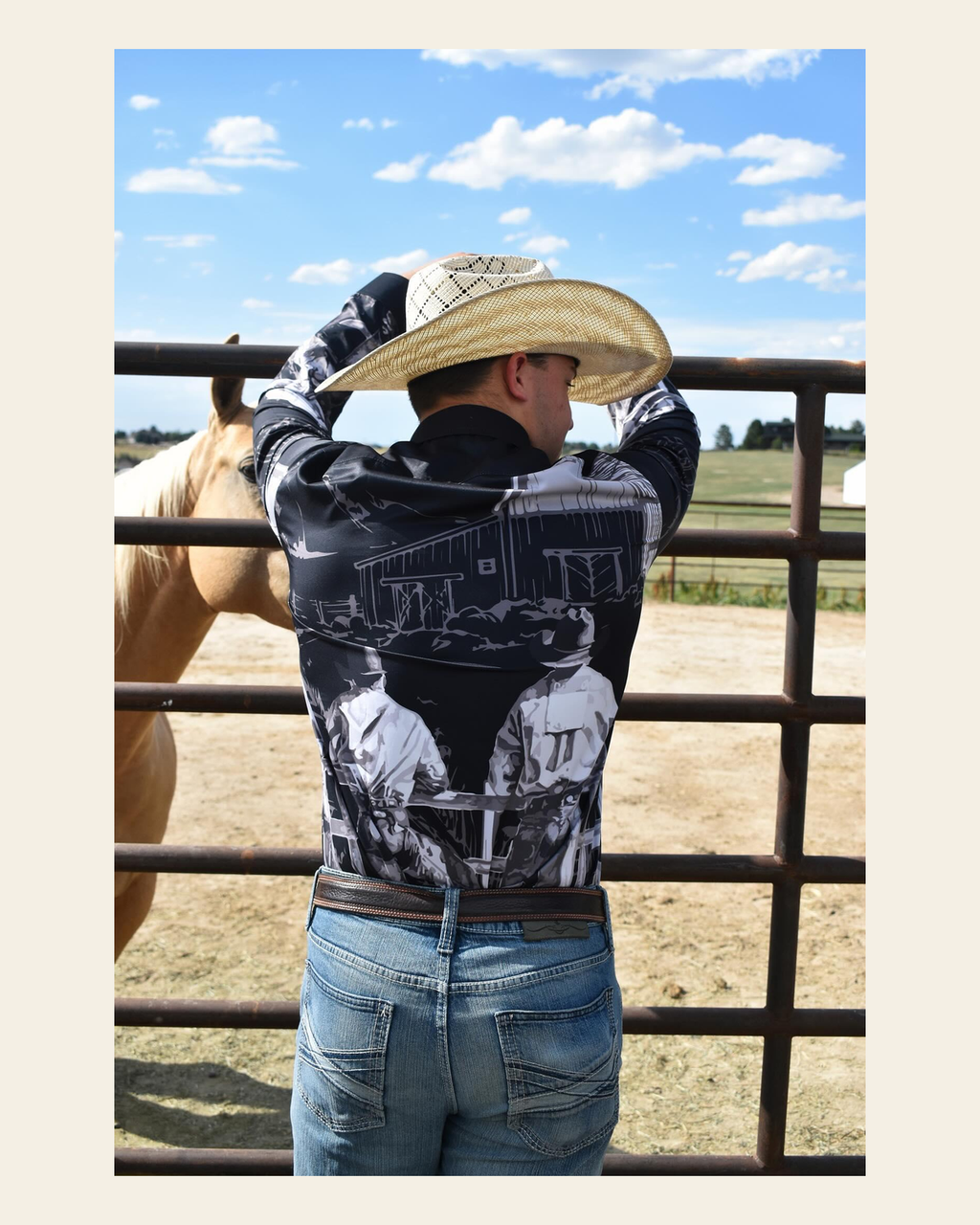 Baha Ranch Sepia Cowboy Ranch Long Sleeve Button Up Arena Shirt on a warm cream background