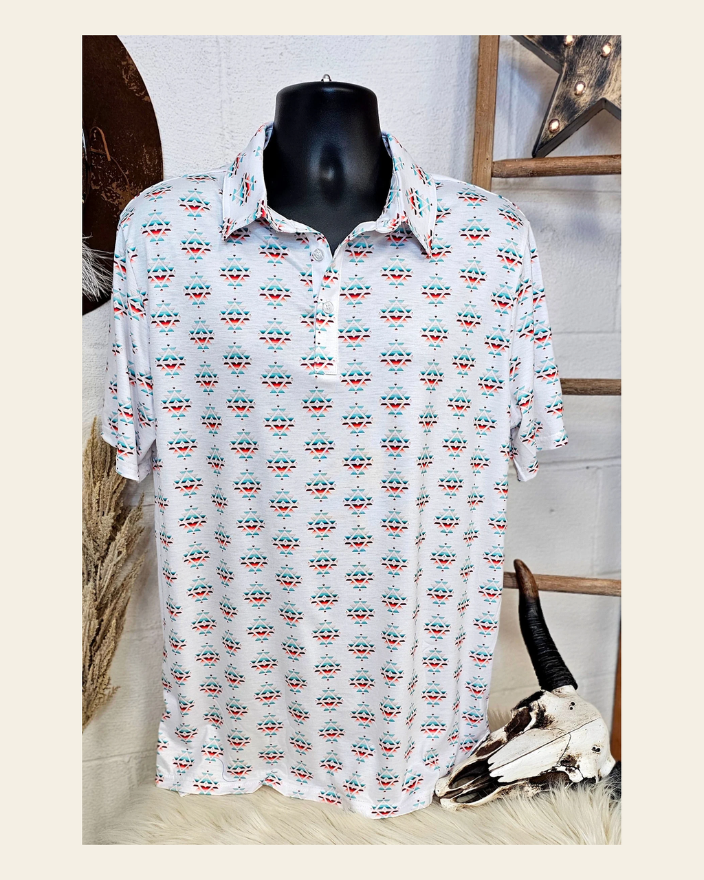 Baha Ranch Serape Aztec Polo Style Shirt on a warm cream background