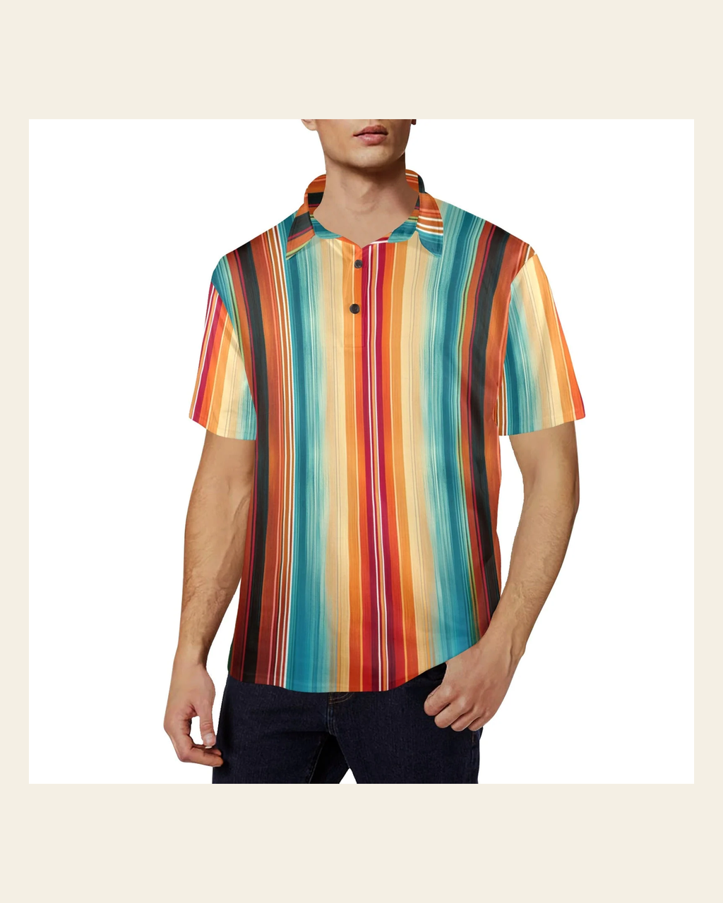 Baha Ranch Serape Western Polo Style Shirt on a warm cream background
