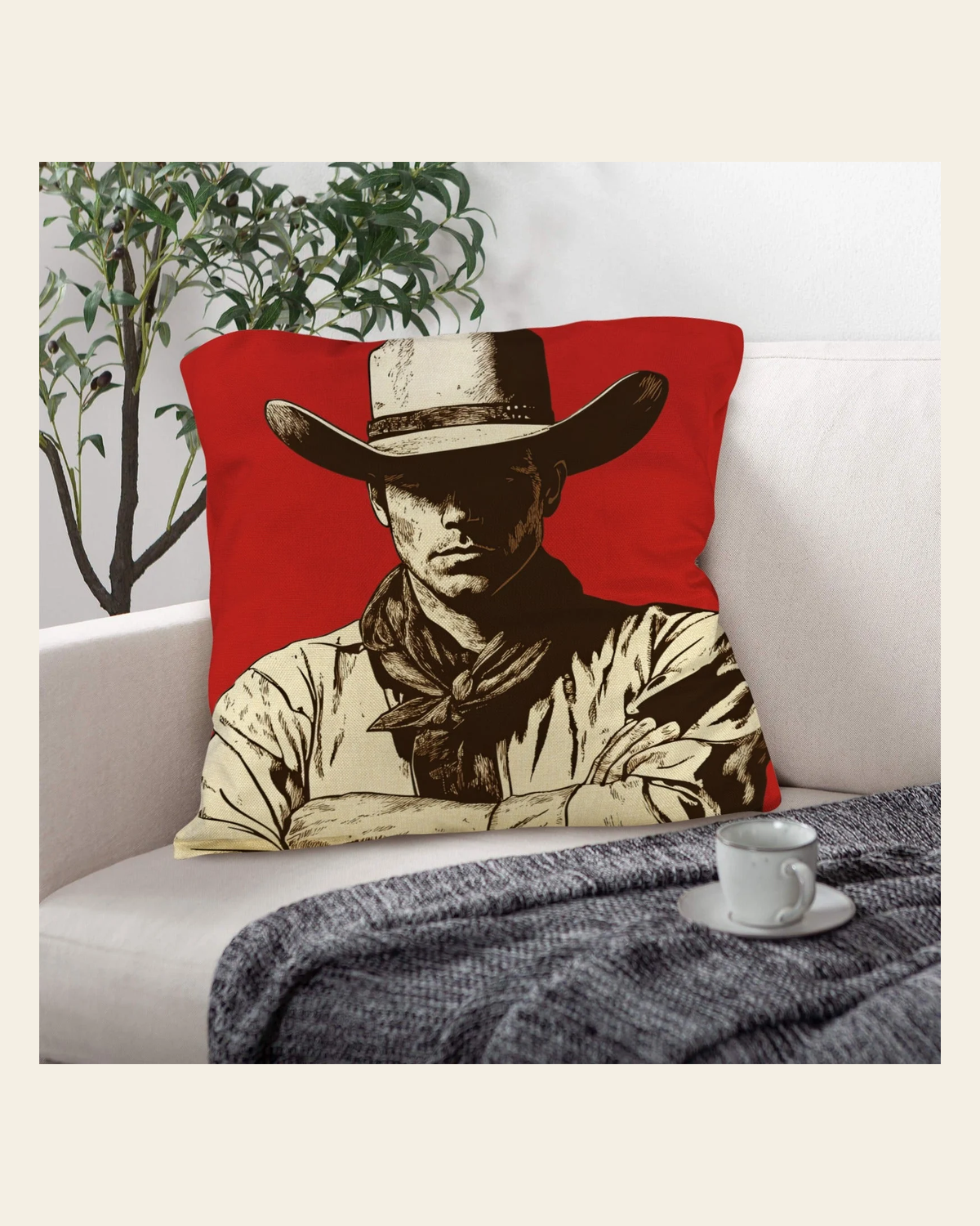 Baha Ranch Serious Cowboy Throw Pillow Case Made in America on a warm cream background