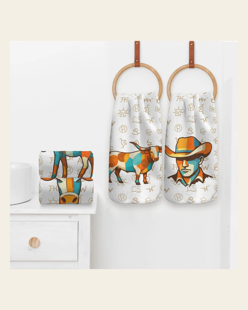 Baha Ranch Set of 4 Minimalistic Cowboy Western Cattle Brands Kitchen Towels Made in America on a warm cream background