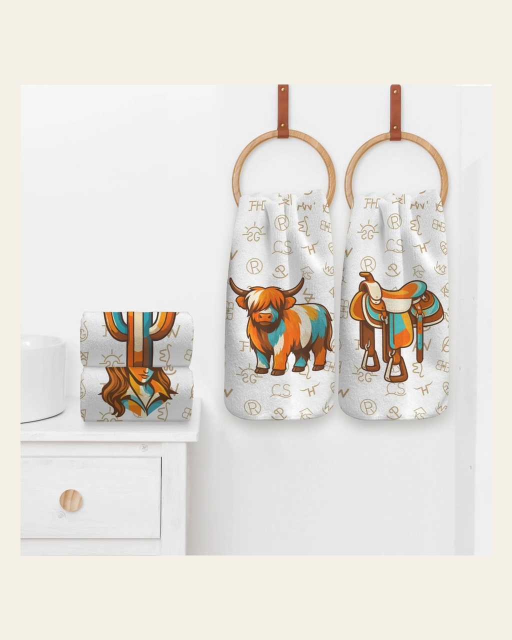 Baha Ranch Set of 4 Minimalistic Western Highland Cow Cattle Brands Kitchen Towels Made in America on a warm cream background