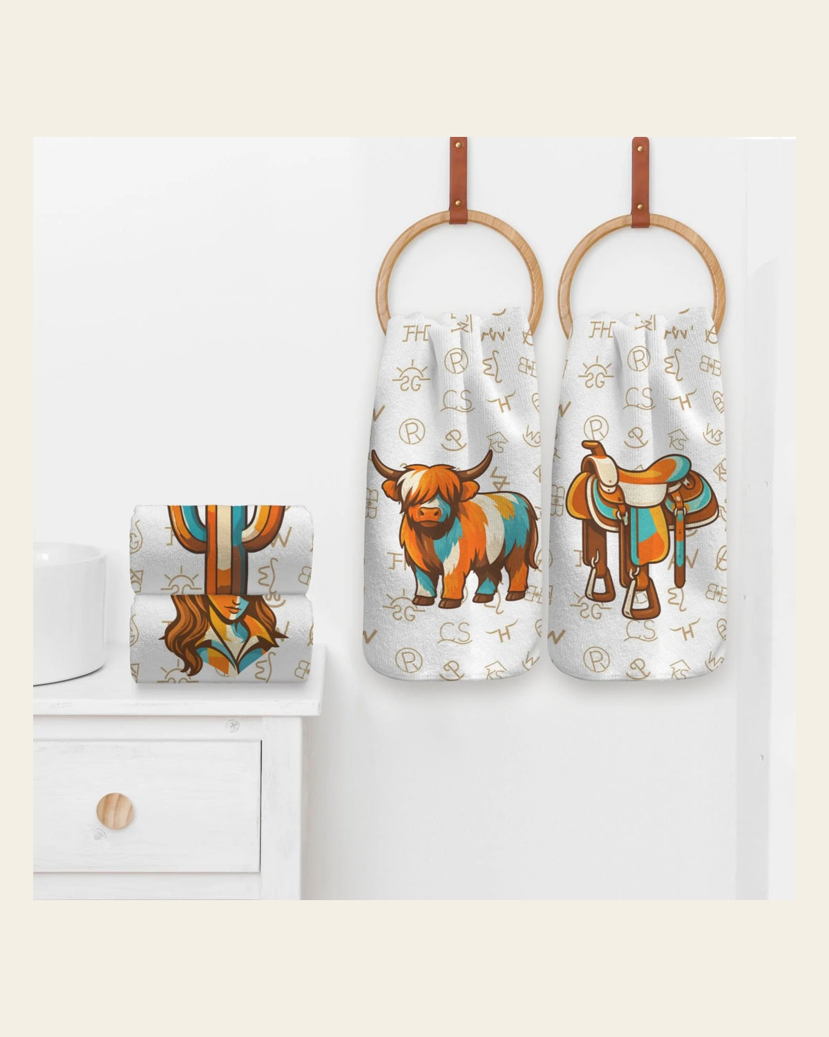 Baha Ranch Set of 4 Minimalistic Western Highland Cow Cattle Brands Kitchen Towels Made in America on a warm cream background