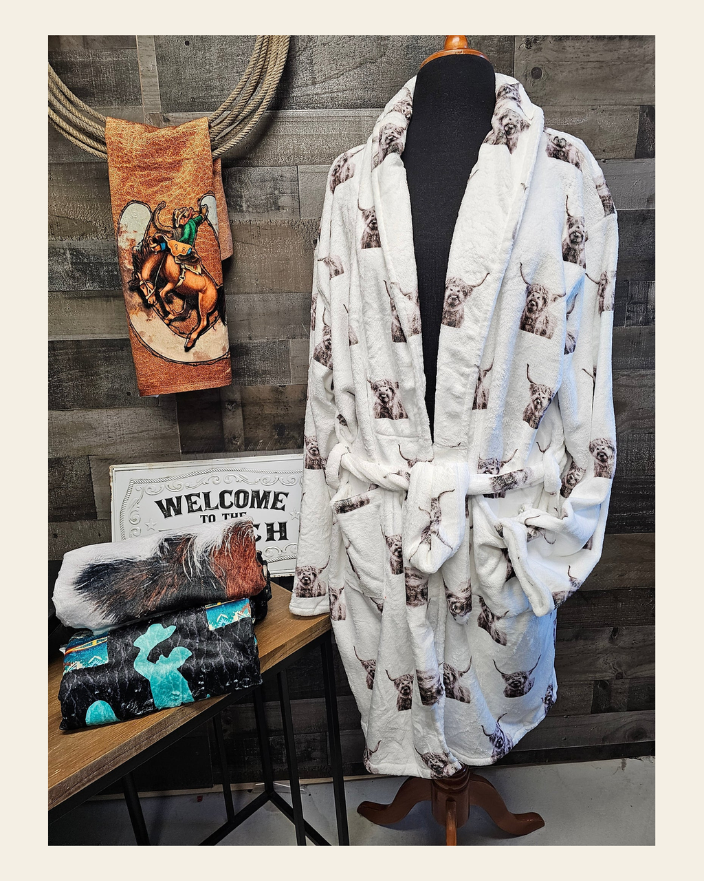 Baha Ranch Silly Highland Cow Women's Western Bath Robe on a warm cream background