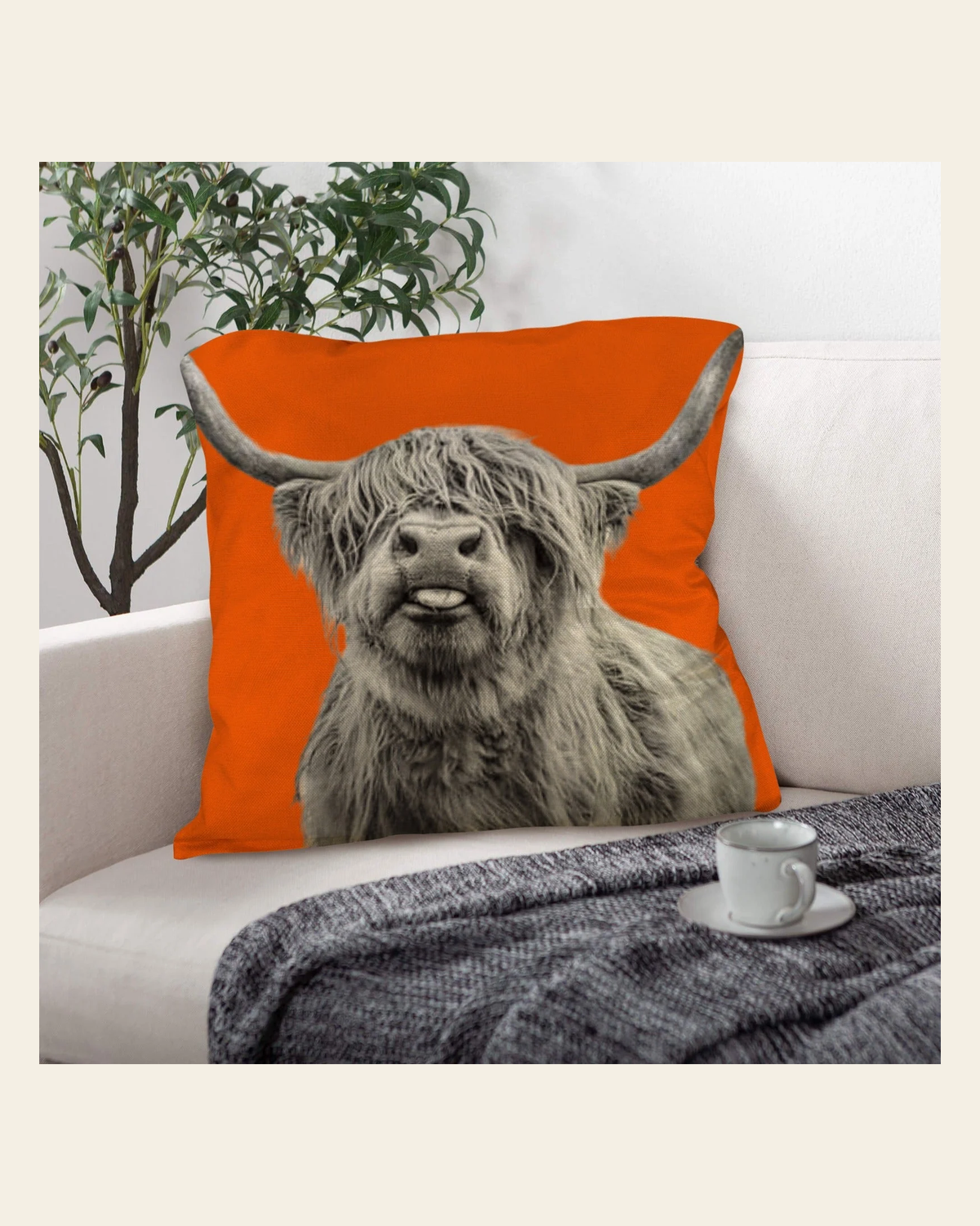 Baha Ranch Silly HIghland Throw Pillow Case Made in America on a warm cream background