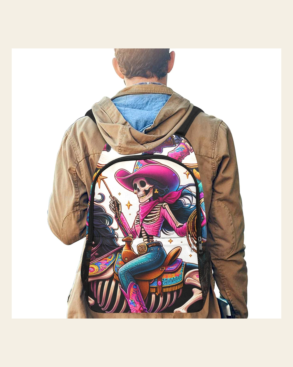 Baha Ranch Skeleton Cowgirl Backpack on a warm cream background