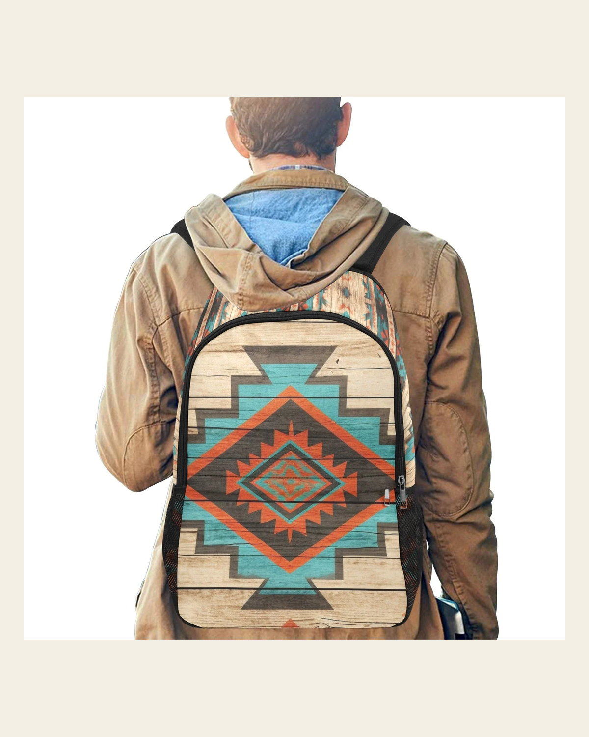Baha Ranch Southwestern Aztec Backpack on a warm cream background