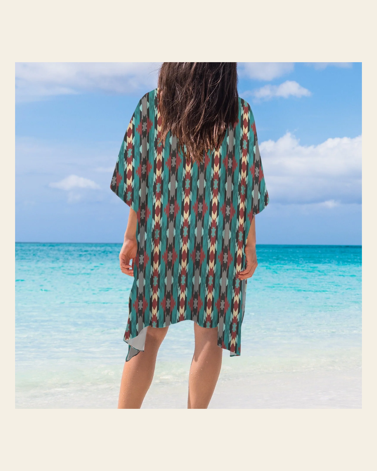 Baha Ranch Southwestern Aztec Duster Kimono Coverup on a warm cream background