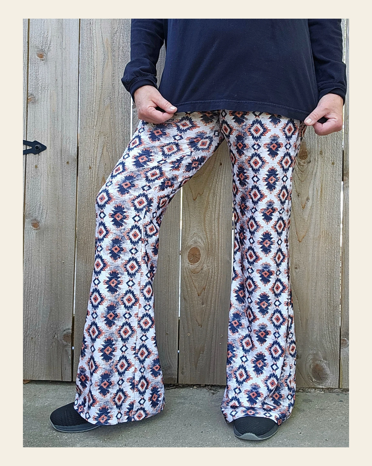 Baha Ranch Southwestern Aztec Flare Pants on a warm cream background