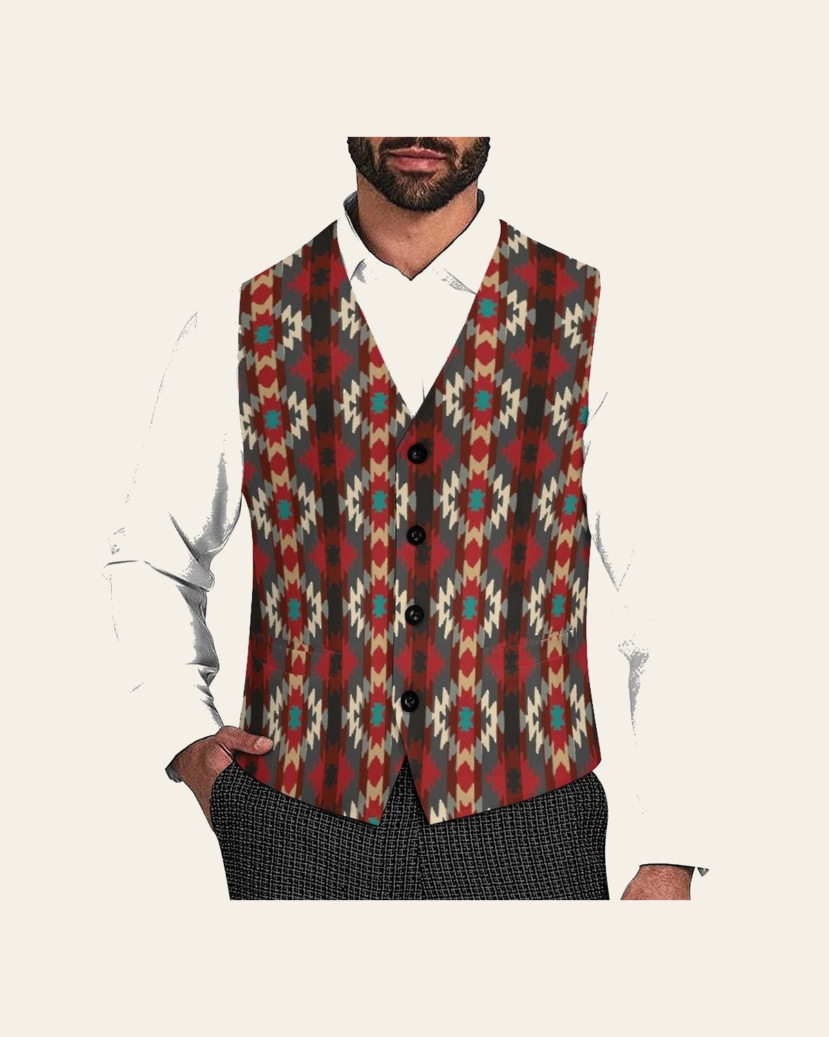 Baha Ranch Southwestern Aztec Men's Western Vest on a warm cream background