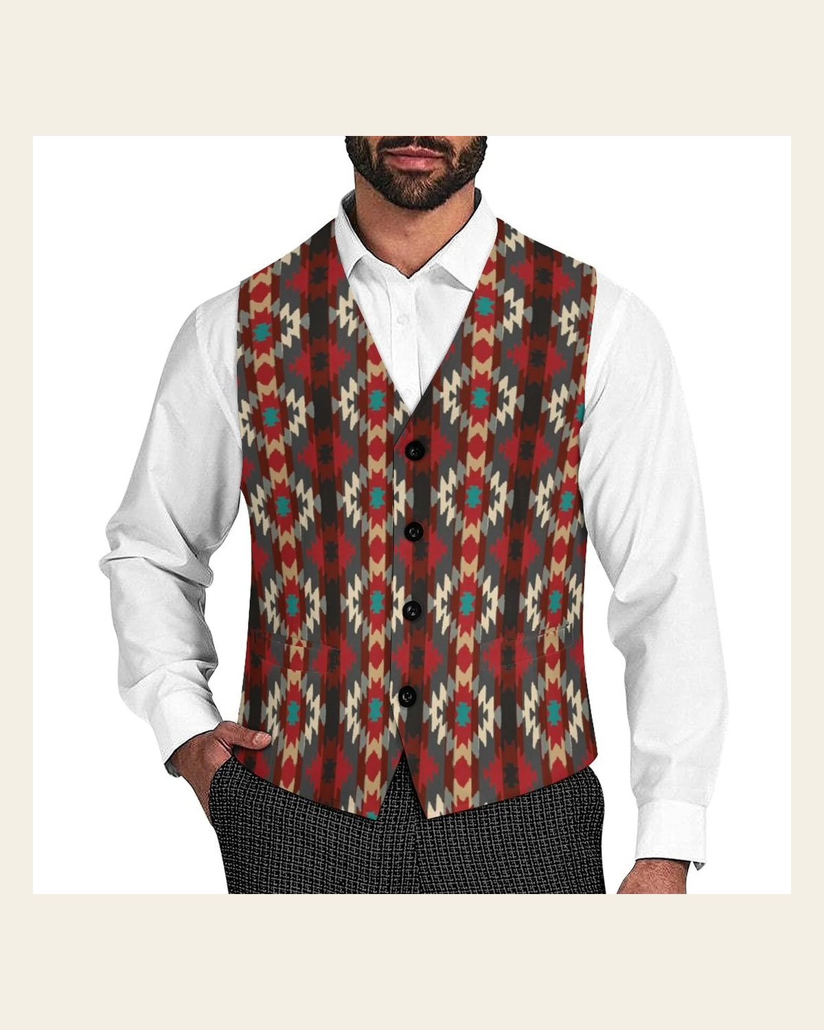 Baha Ranch Southwestern Aztec Men's Western Vest on a warm cream background