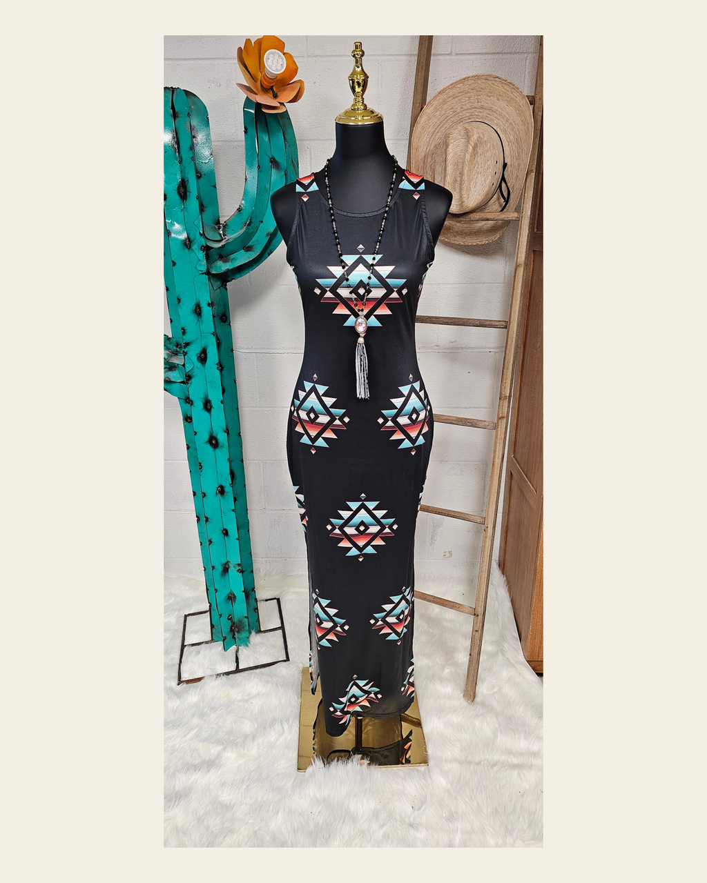 Baha Ranch Southwestern Aztec Sleeveless Bodycon Side Slit Western Maxi Dress on a warm cream background