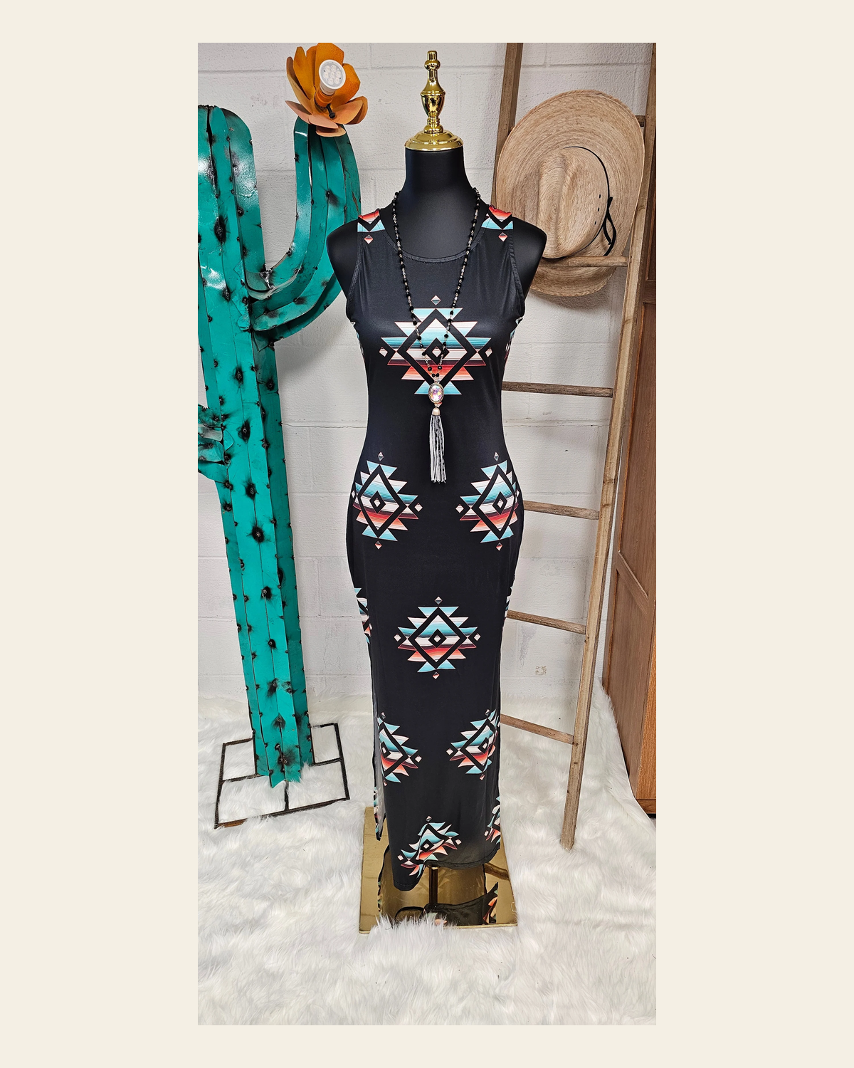 Baha Ranch Southwestern Aztec Sleeveless Bodycon Side Slit Western Maxi Dress on a warm cream background