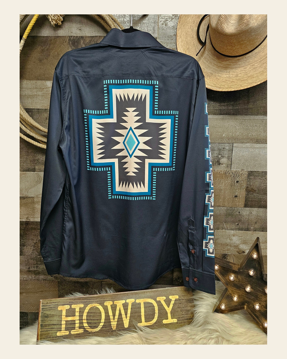 Baha Ranch Southwestern Cross Unisex Western Button Up on a warm cream background