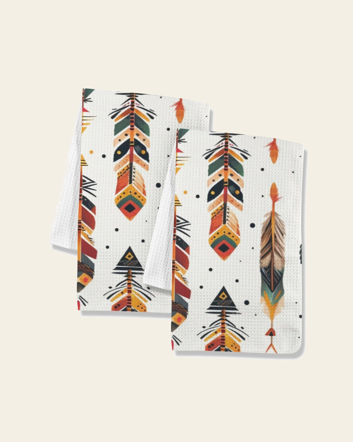 Baha Ranch Southwestern Feathers Set of 2 Dish Towels Made in America on a warm cream background