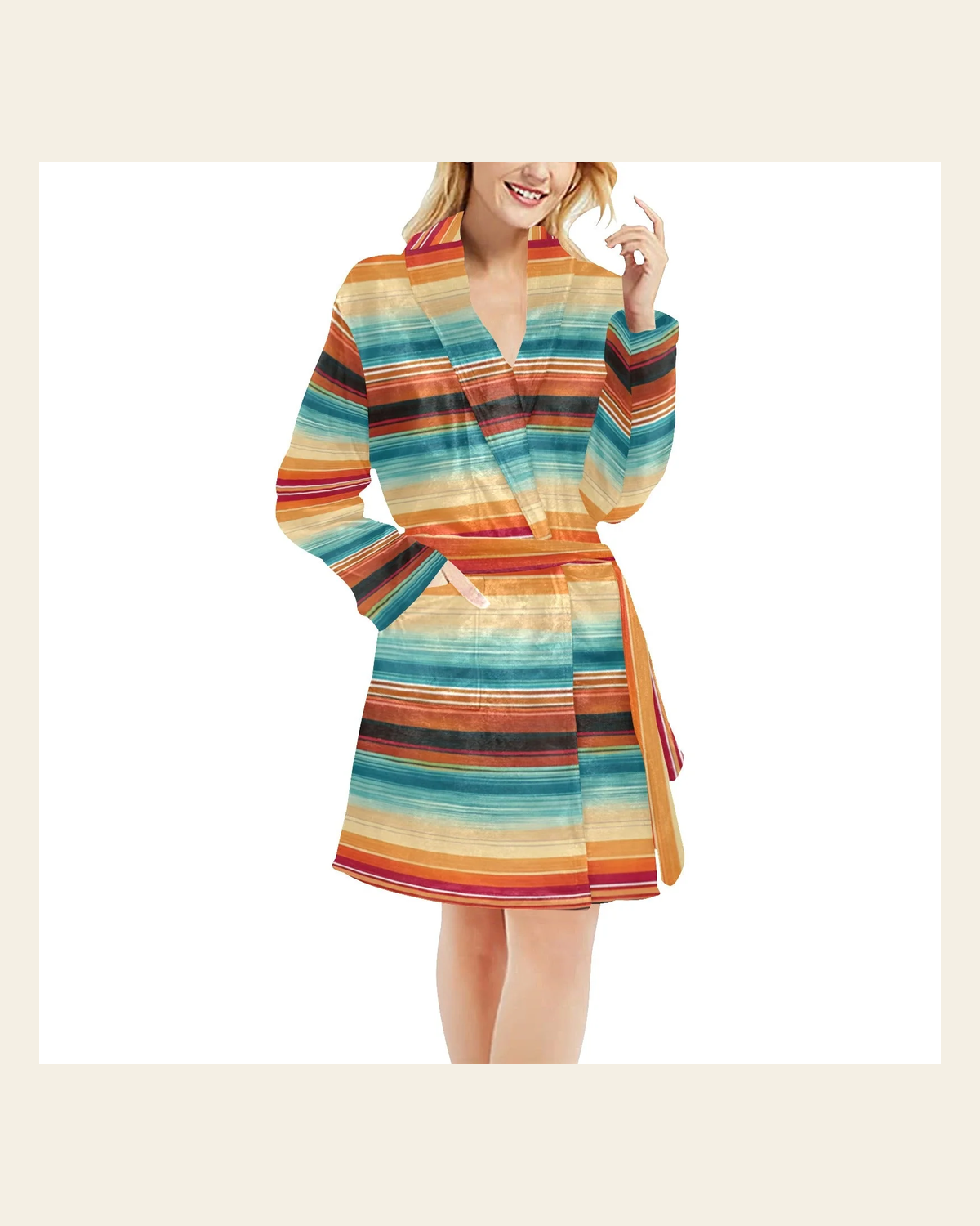 Baha Ranch Southwestern Serape Women's Bath Robe on a warm cream background