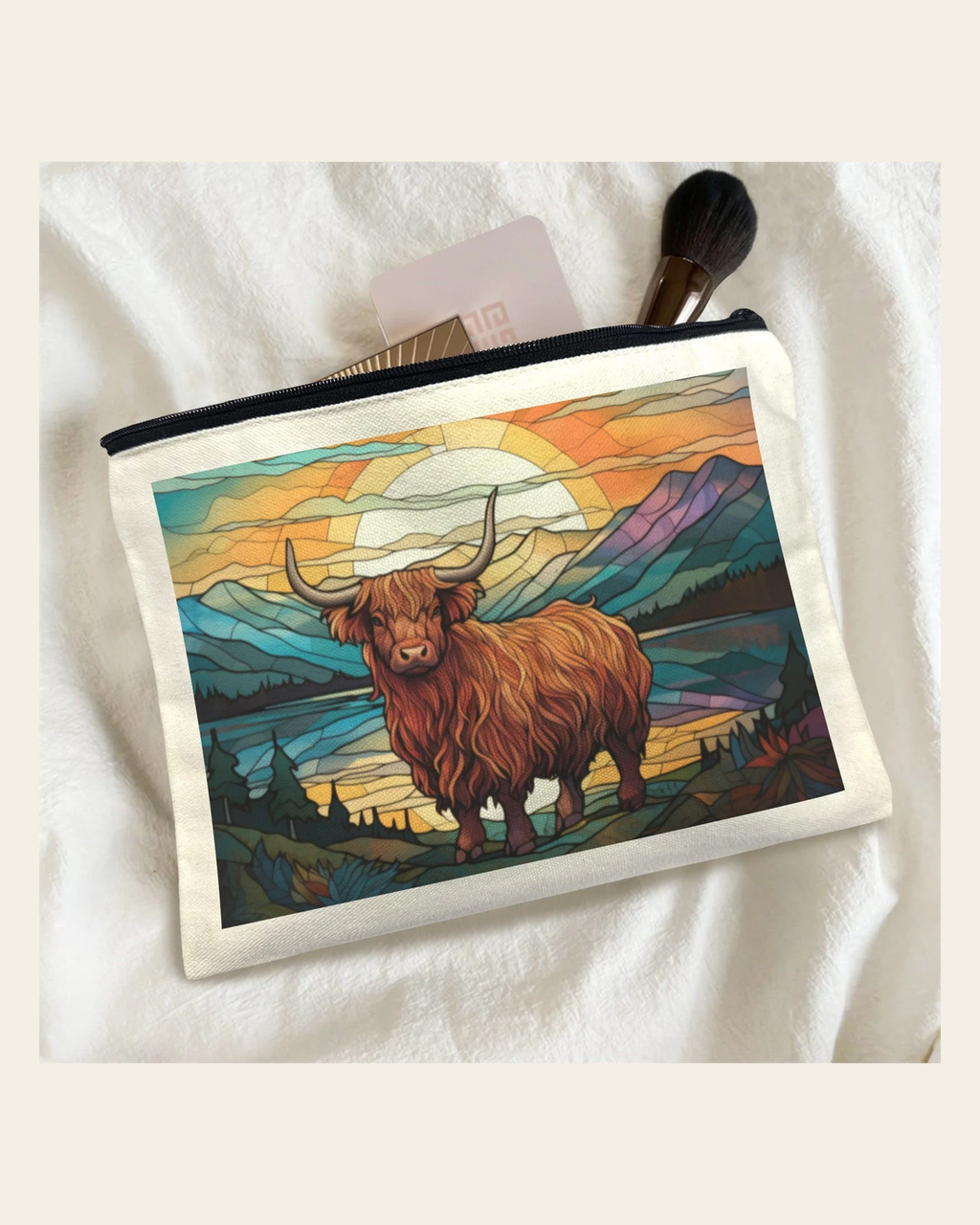 Baha Ranch Stained Glass Highland Cosmetic Bag Pack of 5 Made in America on a warm cream background