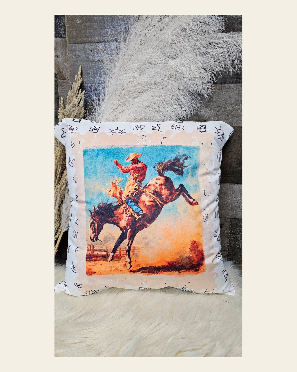 Baha Ranch Stamped Rodeo 2 Velvety Soft Pillow Case Made in America on a warm cream background