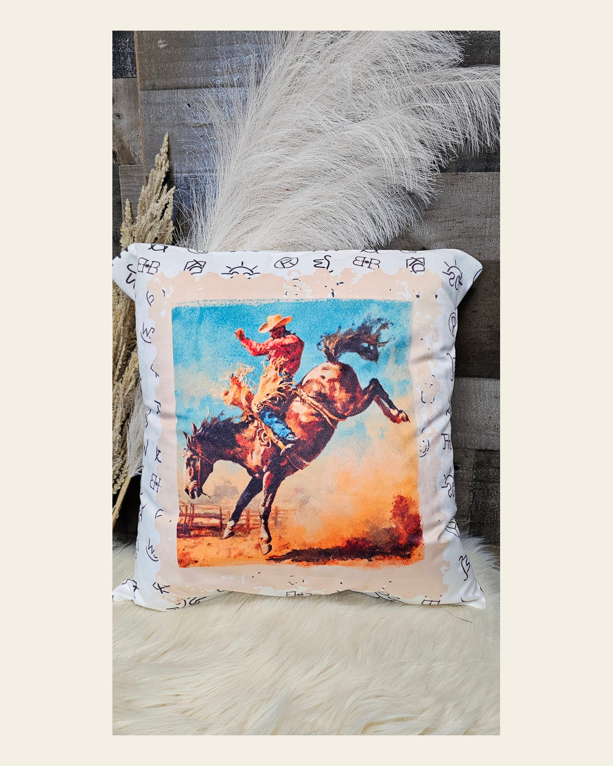 Baha Ranch Stamped Rodeo 2 Velvety Soft Pillow Case Made in America on a warm cream background